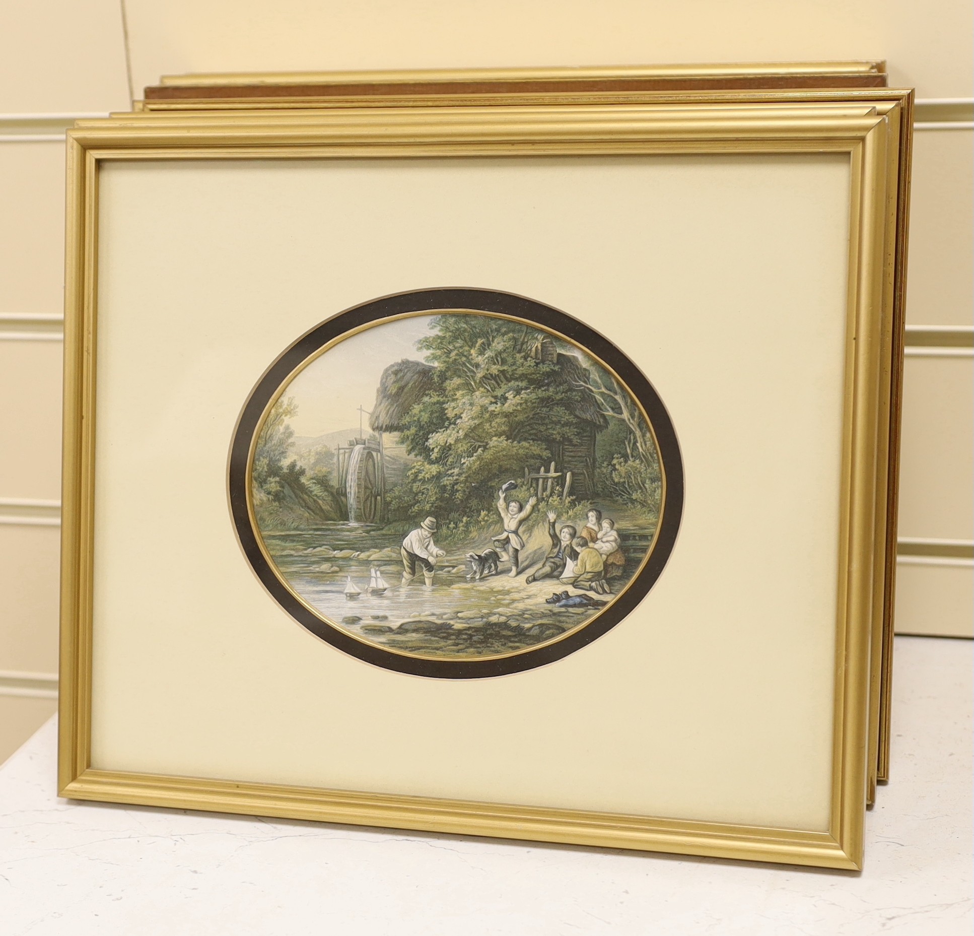 A group of assorted colour prints including shooting and coaching scenes, a Morden map of East Riding, Yorkshire, a reprint road map and eight oval prints after Baxter